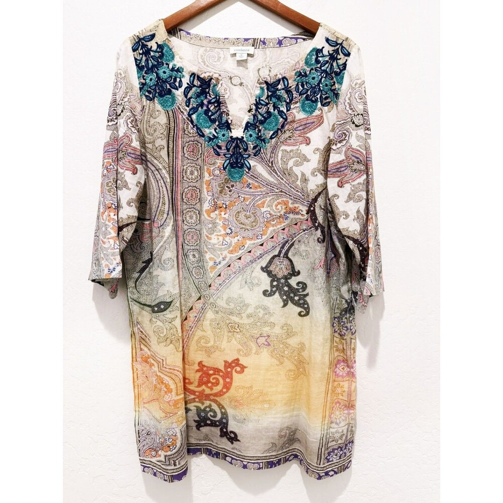 Sundance Tunic Medium Embroidered Long Tunic Beachy Coverup Cotton Top Women's
